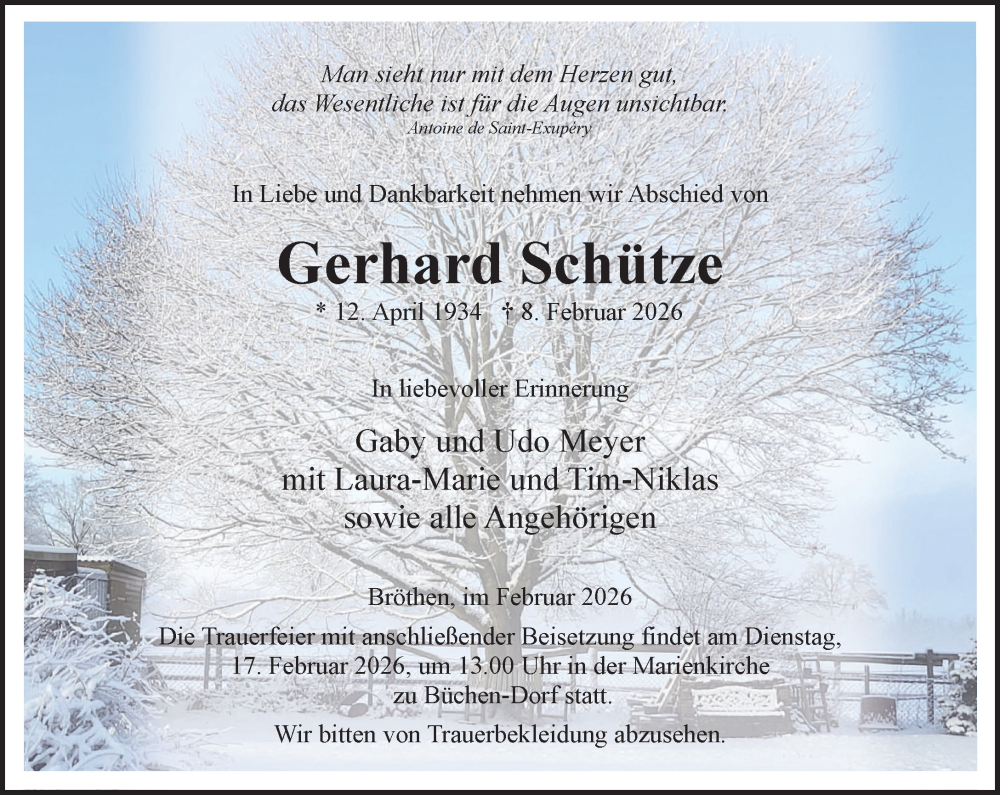 Traueranzeige für Gerhard Schütze vom 14.02.2026 aus Wochenend Anzeiger