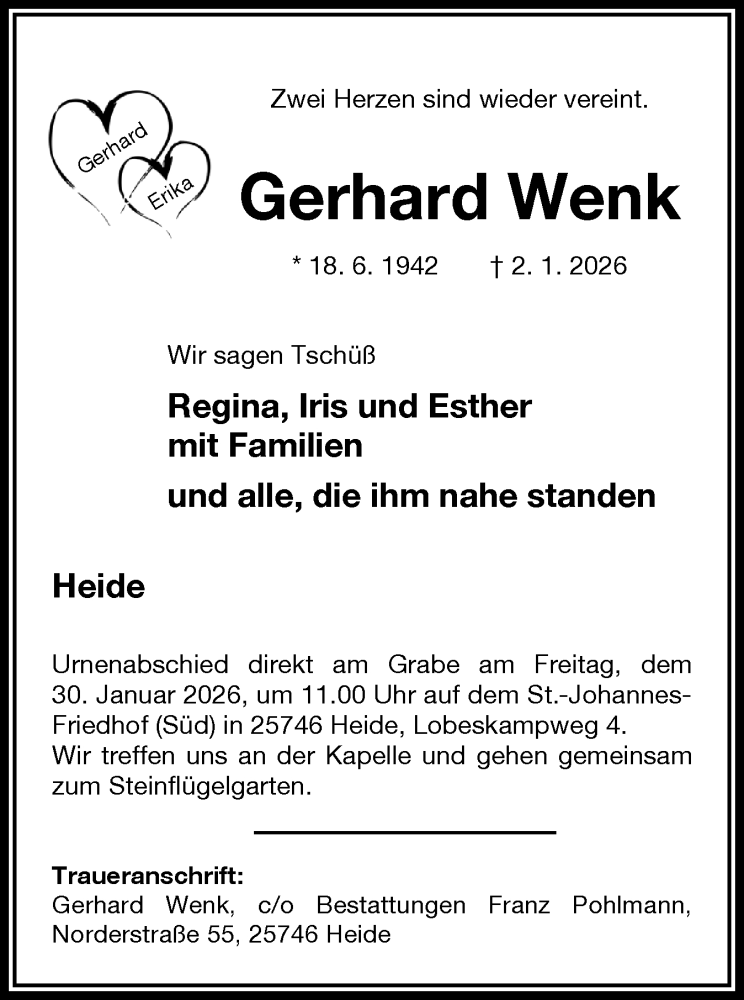  Traueranzeige für Gerhard Wenk vom 24.01.2026 aus Husumer Nachrichten, Nordfriesland Tageblatt