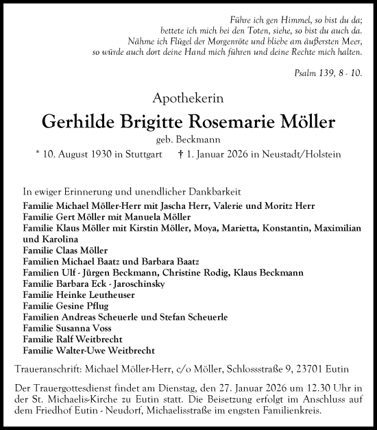 Traueranzeige von Gerhilde Brigitte Rosemarie Möller von Ostholsteiner Anzeiger