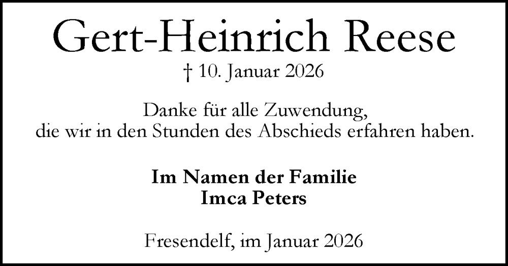  Traueranzeige für Gert-Heinrich Reese vom 07.02.2026 aus Husumer Nachrichten, Nordfriesland Tageblatt