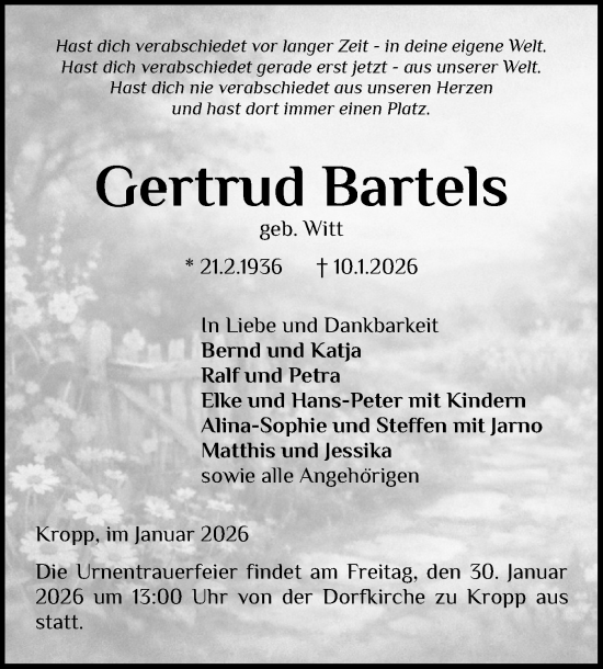 Traueranzeige von Gertrud Bartels von Schleswig-Holsteinische Landeszeitung