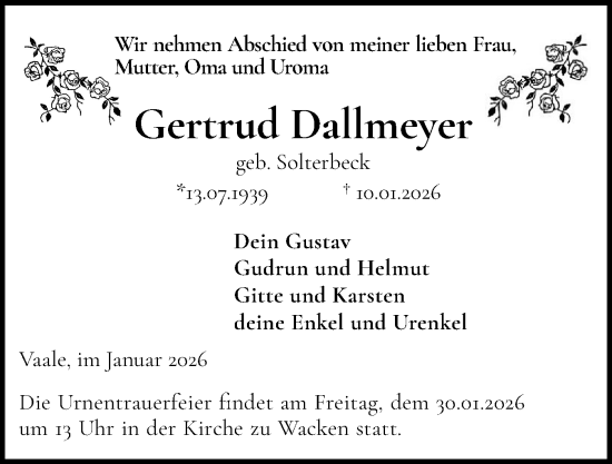 Traueranzeige von Gertrud Dallmeyer von Schleswig-Holsteinische Landeszeitung