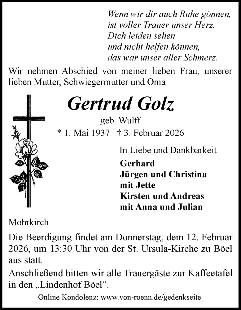  Traueranzeige für Gertrud Golz vom 07.02.2026 aus Flensburger Tageblatt, Schleswiger Nachrichten, Schlei-Bote