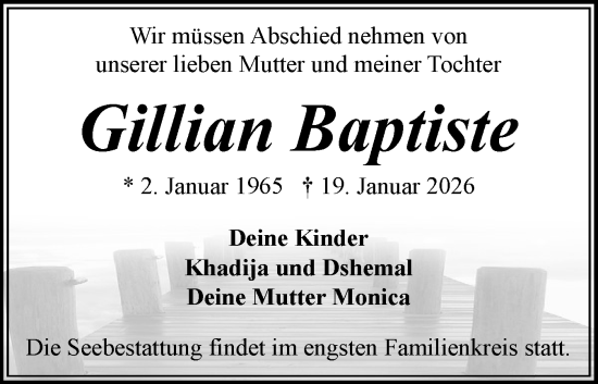 Traueranzeige von Gillian Baptiste von Flensburger Tageblatt