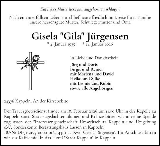 Traueranzeige von Gisela Jürgensen von Schleswiger Nachrichten, Schlei-Bote