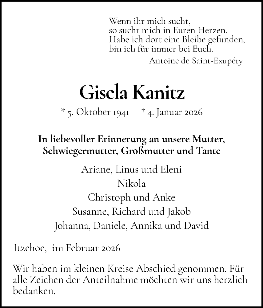  Traueranzeige für Gisela Kanitz vom 07.02.2026 aus Norddeutsche Rundschau, Wilstersche Zeitung, Glückstädter Fortuna