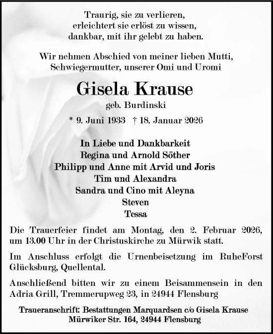 Traueranzeige von Gisela Krause von Flensburger Tageblatt