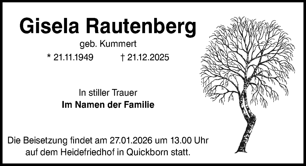  Traueranzeige für Gisela Rautenberg vom 24.01.2026 aus Umschau
