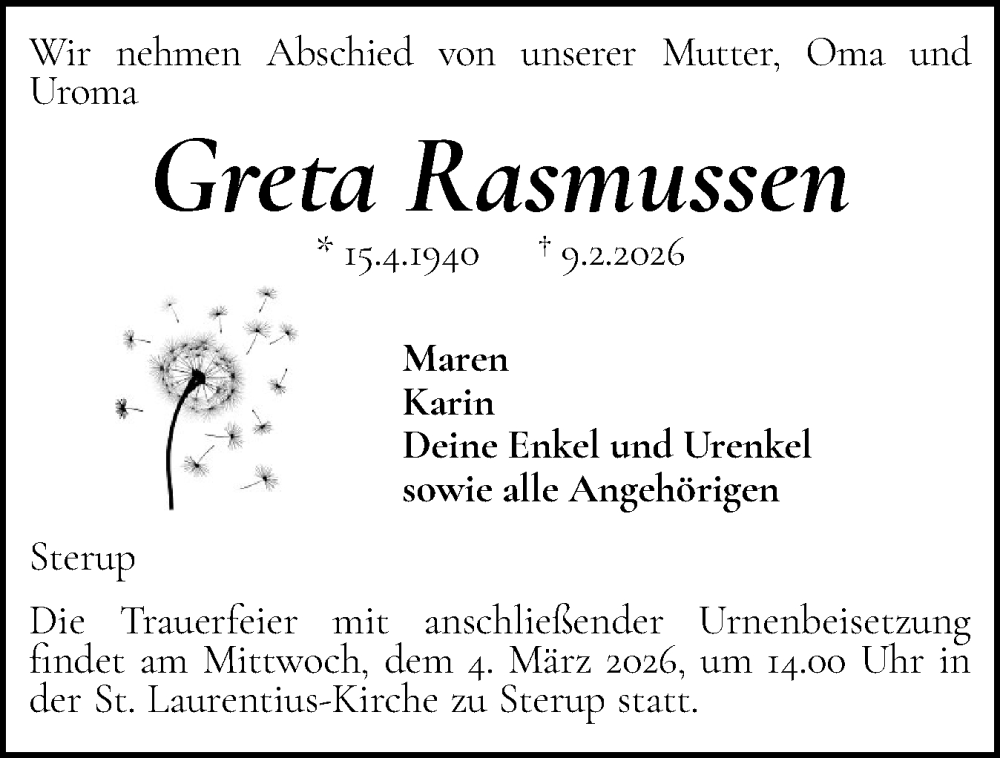  Traueranzeige für Greta Rasmussen vom 14.02.2026 aus Flensburger Tageblatt