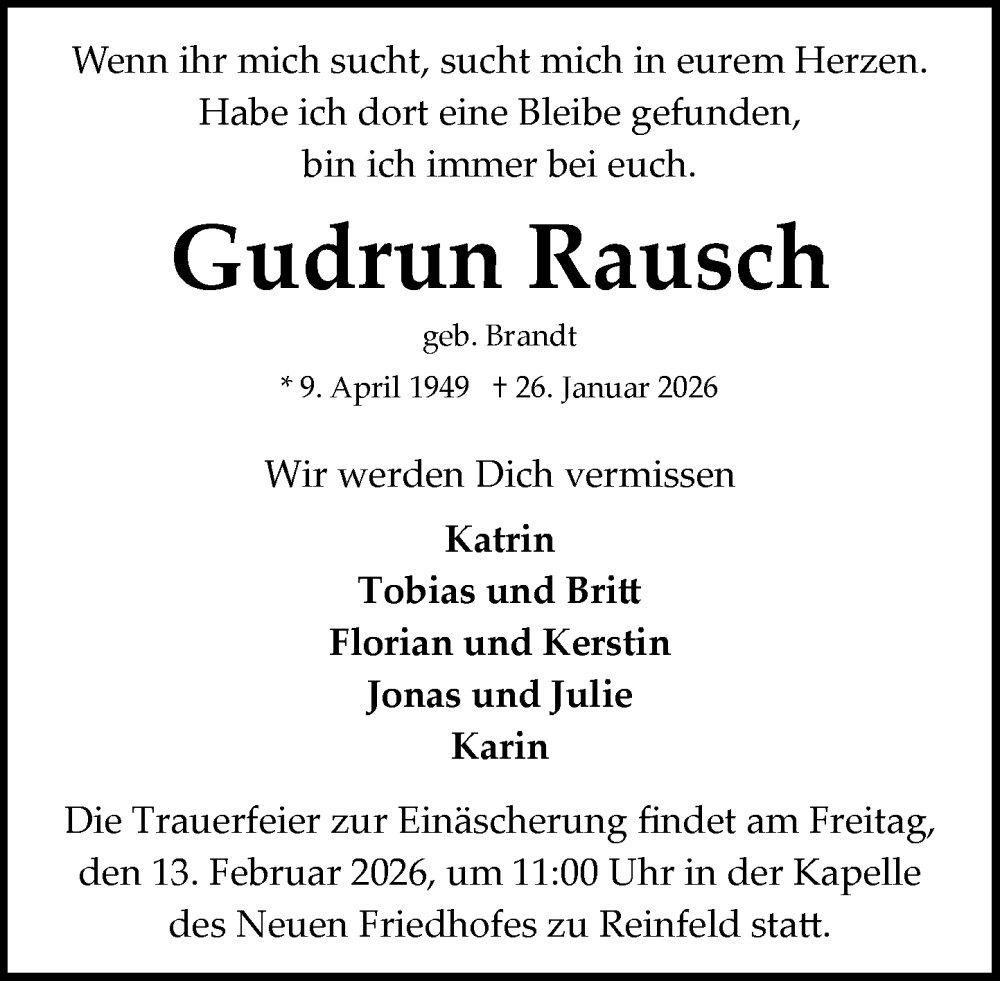  Traueranzeige für Gudrun Rausch vom 07.02.2026 aus MARKT Bad Oldesloe/Reinfeld und Stormarner Tageblatt