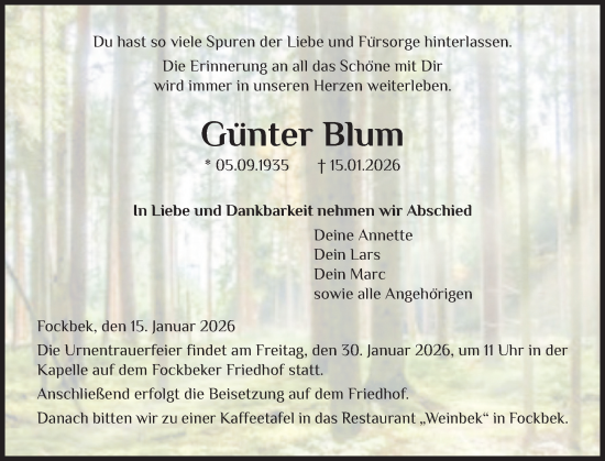 Traueranzeige von Günter Blum von Schleswig-Holsteinische Landeszeitung