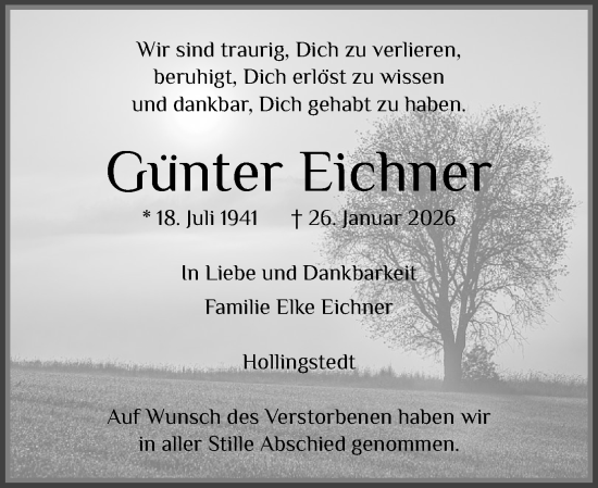 Traueranzeige von Günter Eichner von Schleswiger Nachrichten, Schlei-Bote