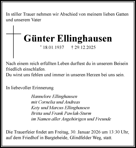 Traueranzeige von Günter Ellinghausen von MARKT Ahrensburg/Bargteheide/Trittau und Stormarner Tageblatt