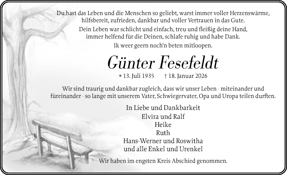  Traueranzeige für Günter Fesefeldt vom 24.01.2026 aus Uetersener Nachrichten, Der tip am Wochenende