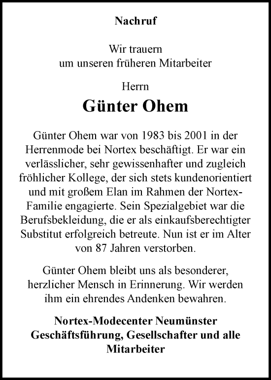 Traueranzeige von Günter Ohem von Holsteinischer Courier
