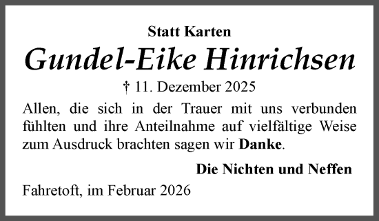 Traueranzeige von Gundel-Eike Hinrichsen von Region Westküste