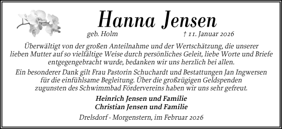 Traueranzeige von Hanna Jensen von Husumer Nachrichten, Nordfriesland Tageblatt