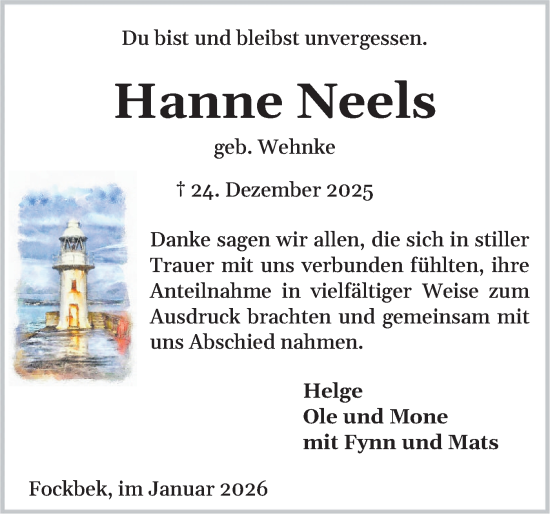 Traueranzeige von Hanne Neels von Schleswig-Holsteinische Landeszeitung