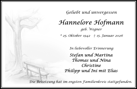 Traueranzeige von Hannelore Hofmann von Wochenend Anzeiger