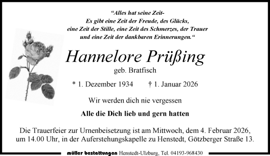 Traueranzeige von Hannelore Prüßing von Umschau