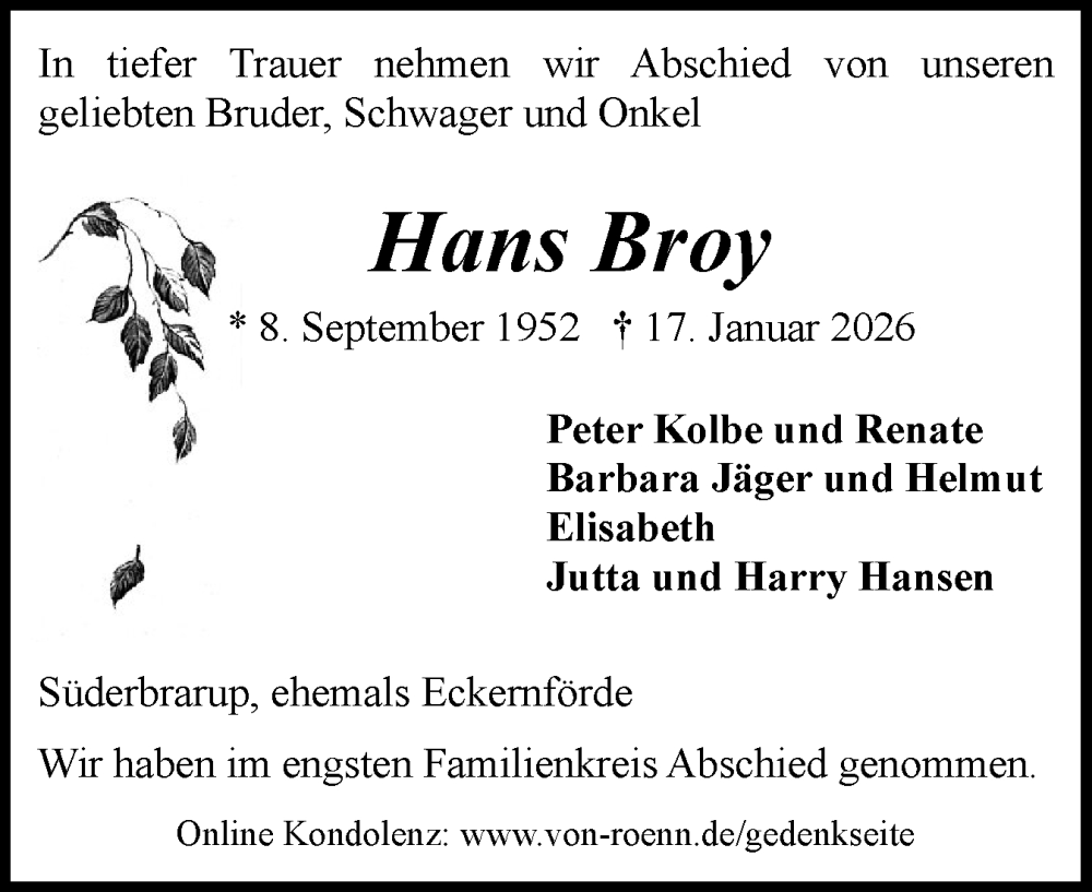 Traueranzeige für Hans Broy vom 24.01.2026 aus Eckernförder Zeitung, Hallo Eckernförde