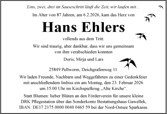 Traueranzeige von Hans Ehlers von Husumer Nachrichten, Nordfriesland Tageblatt