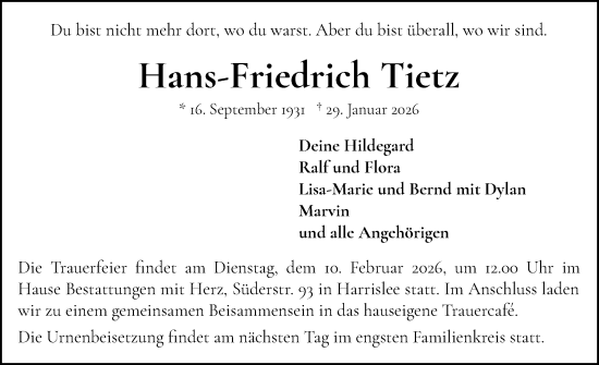 Traueranzeige von Hans-Friedrich Tietz von Flensburger Tageblatt