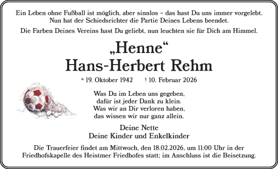 Traueranzeige von Hans-Herbert Rehm von Uetersener Nachrichten, Der tip am Wochenende