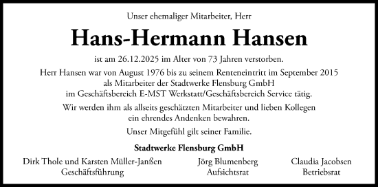 Traueranzeige von Hans-Hermann Hansen von Flensburger Tageblatt