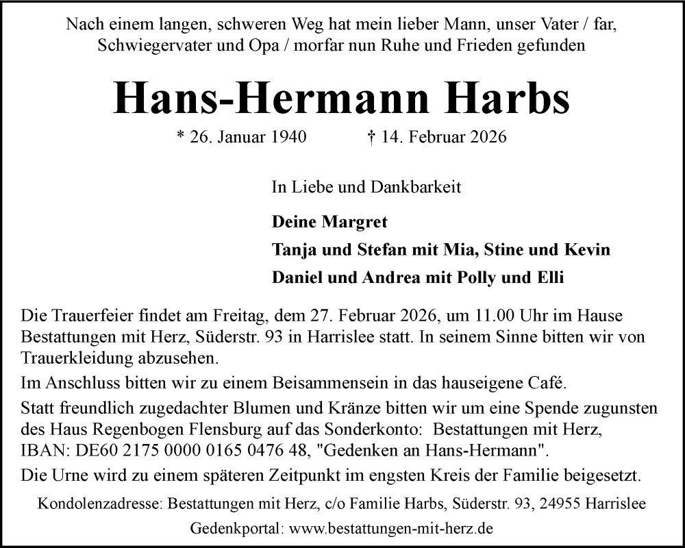  Traueranzeige für Hans-Hermann Harbs vom 21.02.2026 aus Flensburger Tageblatt
