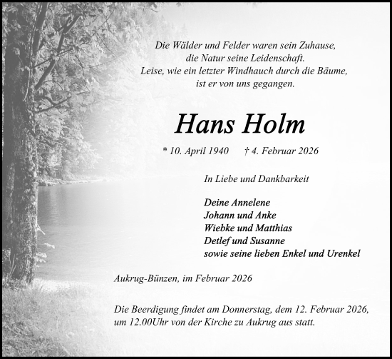 Traueranzeige von Hans Holm von Schleswig-Holsteinische Landeszeitung