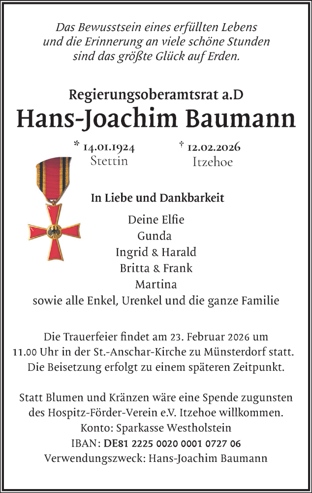  Traueranzeige für Hans-Joachim Baumann vom 21.02.2026 aus Norddeutsche Rundschau, Wilstersche Zeitung, Glückstädter Fortuna