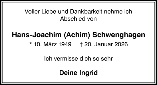 Traueranzeige von Hans-Joachim Schwenghagen von MARKT Ahrensburg/Bargteheide/Trittau und Stormarner Tageblatt