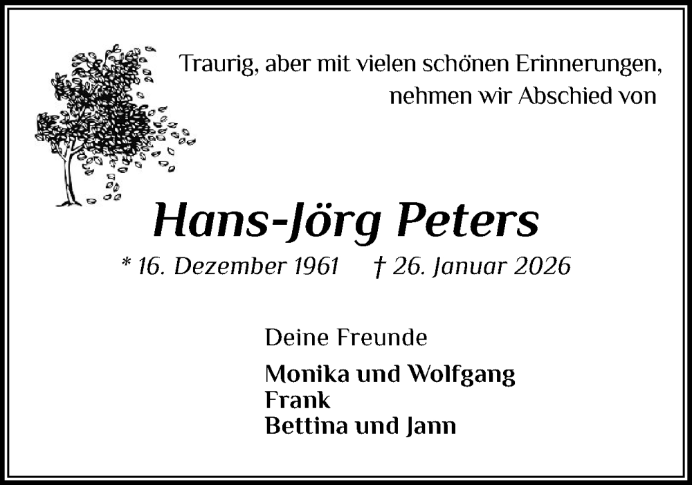  Traueranzeige für Hans-Jörg Peters vom 07.02.2026 aus Region Pinneberg und tip Pinneberg