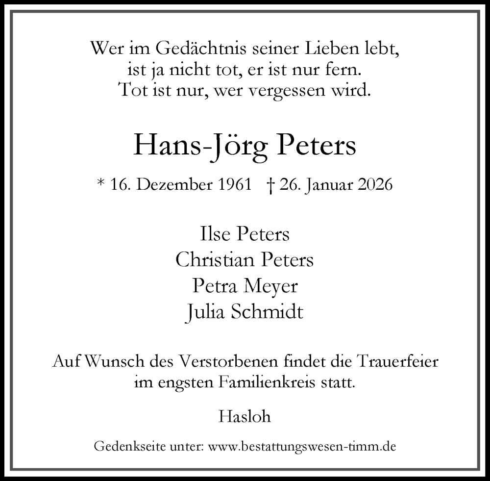  Traueranzeige für Hans-Jörg Peters vom 07.02.2026 aus Umschau