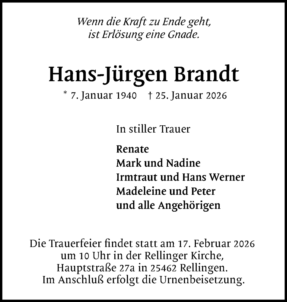  Traueranzeige für Hans-Jürgen Brandt vom 07.02.2026 aus Region Pinneberg und tip Pinneberg
