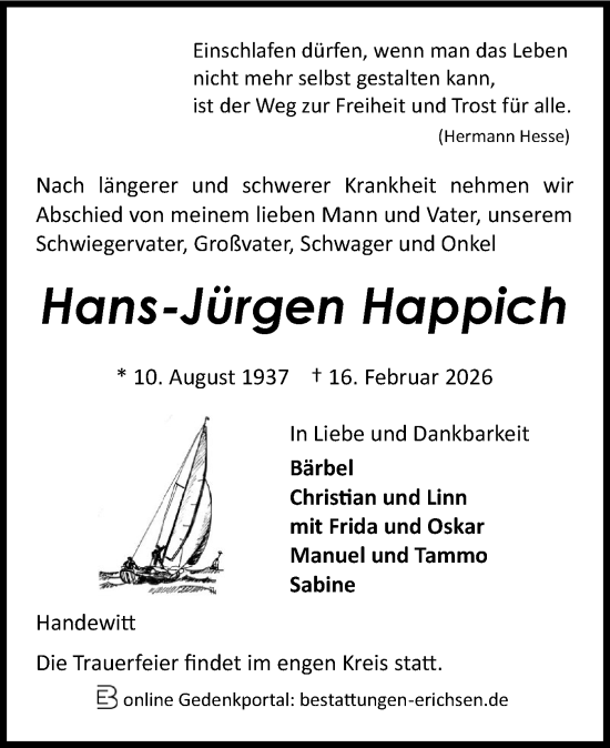 Traueranzeige von Hans-Jürgen Happich von Flensburger Tageblatt