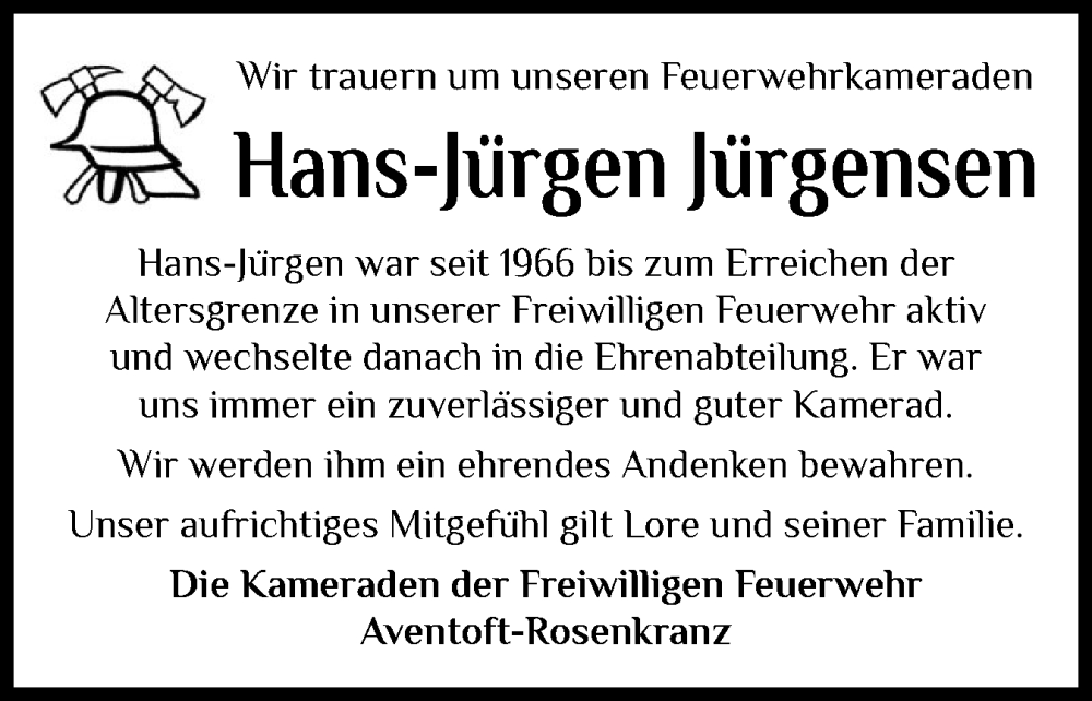  Traueranzeige für Hans-Jürgen Jürgensen vom 06.02.2026 aus Husumer Nachrichten, Nordfriesland Tageblatt