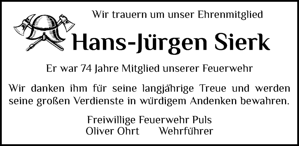  Traueranzeige für Hans-Jürgen Sierk vom 10.02.2026 aus Norddeutsche Rundschau, Wilstersche Zeitung, Glückstädter Fortuna