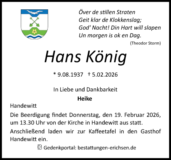 Traueranzeige von Hans König von Region Flensburg