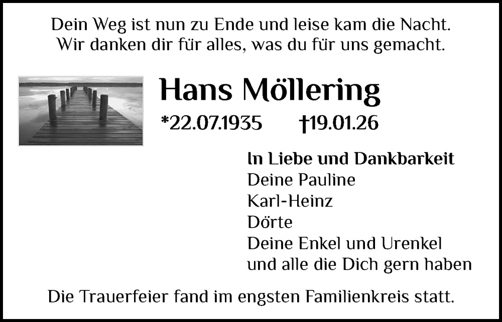  Traueranzeige für Hans Möllering vom 06.02.2026 aus Husumer Nachrichten, Nordfriesland Tageblatt