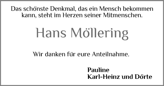 Traueranzeige von Hans Möllering von Husumer Nachrichten, Nordfriesland Tageblatt