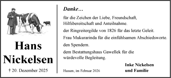 Traueranzeige von Hans Nickelsen von Husumer Nachrichten, Nordfriesland Tageblatt