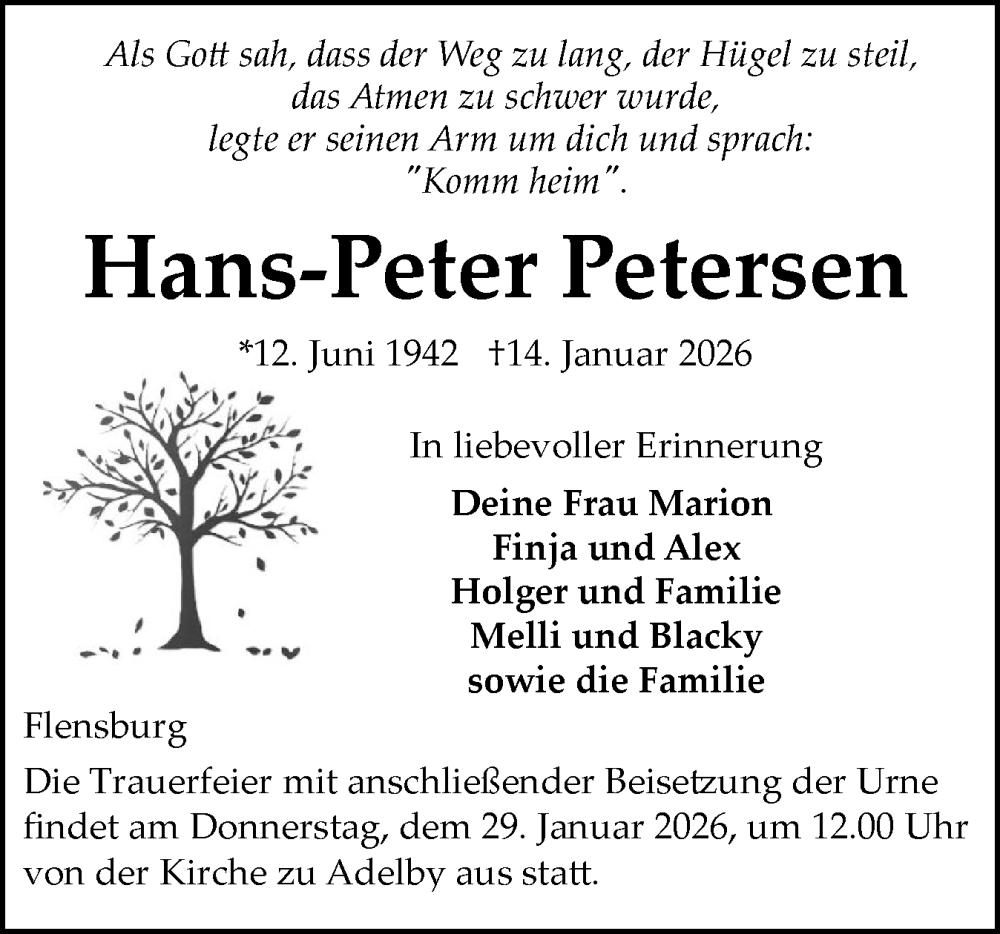  Traueranzeige für Hans-Peter Petersen vom 24.01.2026 aus Flensburger Tageblatt