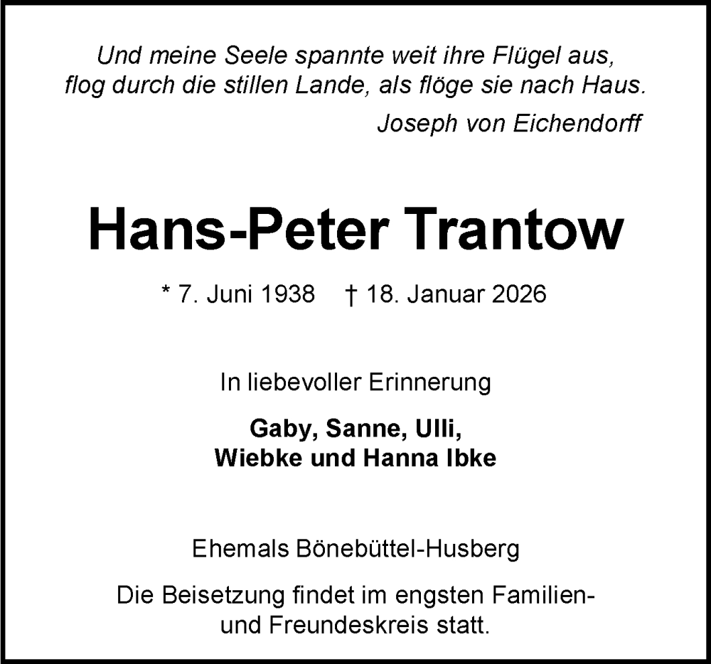  Traueranzeige für Hans-Peter Trantow vom 24.01.2026 aus Holsteinischer Courier