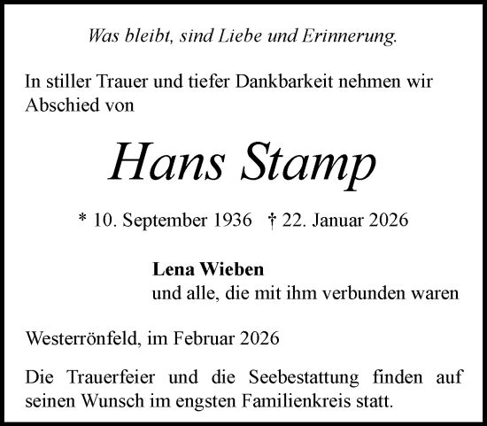 Traueranzeige von Hans Stamp von Schleswig-Holsteinische Landeszeitung