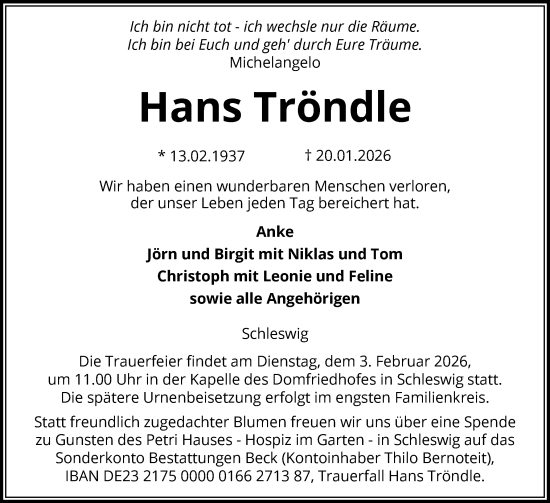 Traueranzeige von Hans Tröndle von Schleswiger Nachrichten, Schlei-Bote