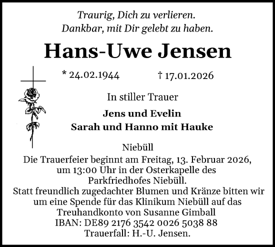Traueranzeige von Hans-Uwe Jensen von Husumer Nachrichten, Nordfriesland Tageblatt