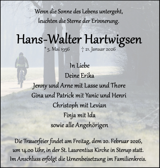 Traueranzeige von Hans-Walter Hartwigsen von Flensburger Tageblatt