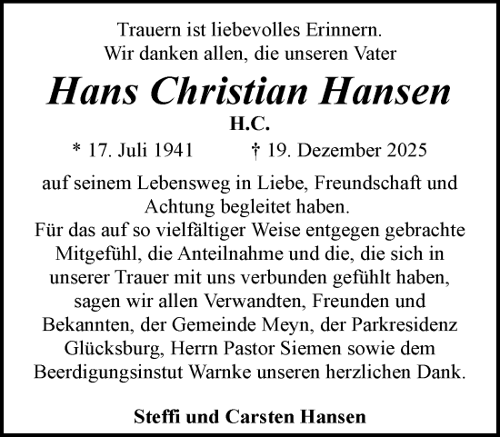 Traueranzeige von Hans Christian Hansen von Region Flensburg